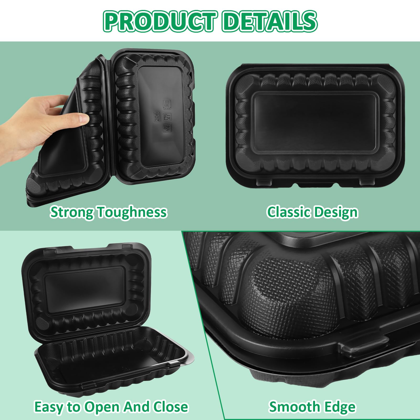 WOPPLXY Paquete de 50 recipientes de plástico para alimentos de 27 onzas, recipientes de plástico de 9 x 6 pulgadas con tapas, cajas de plástico reutilizables sin BPA, cajas desechables para