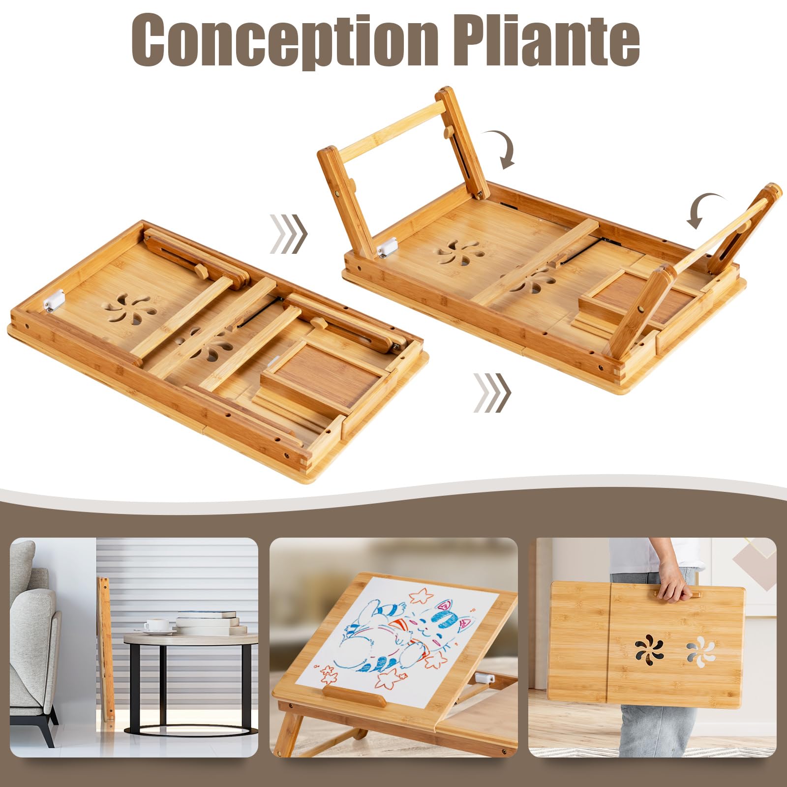 COSTWAY Table de Lit Pliable 53 x 33 cm, Plateau de Lit en Bambou avec Pieds Réglables et Plateau Inclinable, Support d'Ordinateur Portable avec Tiroir et Trous d'Aération (Naturel)