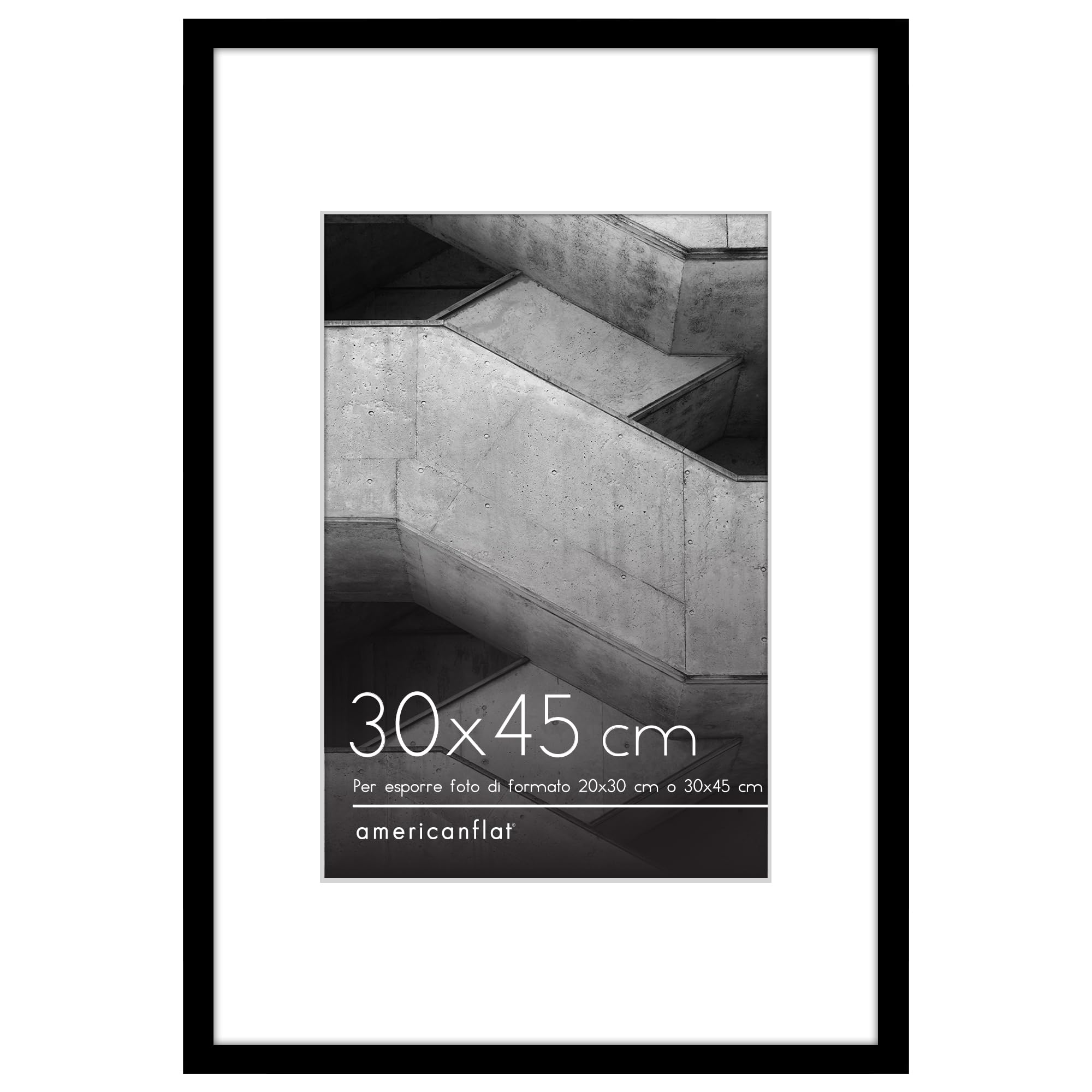 Americanflat Cornice 30x45 cm Nera - Cornice Foto 20x30 cm con Passepartout o 45x30 cm Senza Passepartout - Portafoto con Bordo Sottile in PVC e Pannello Protettivo in Plastica