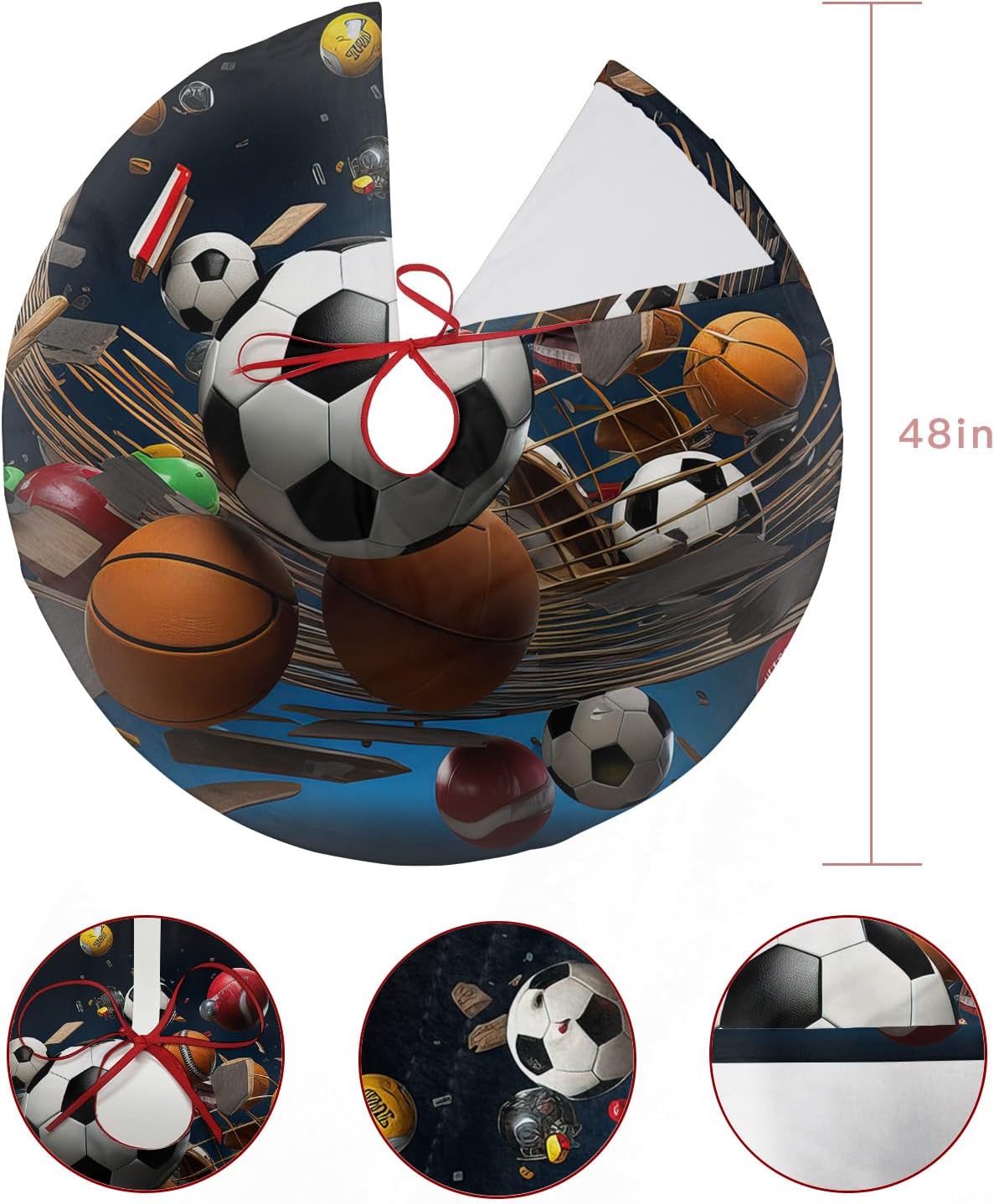 DecorLovee Christmas Tree Skirt, Sports Christmas Tree Skirts Ornaments Décor, Football Basketball Baseball Ball Games Xmas Tree Skirt Mat Decorations for Holiday Party Indoor Outdoor 48 Inch