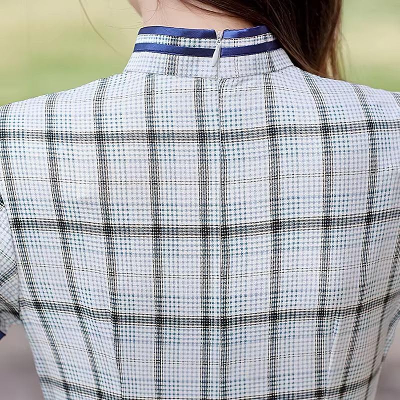 中国風のチェック柄チャイナドレス女性夏痩身デイリー袍ドレス