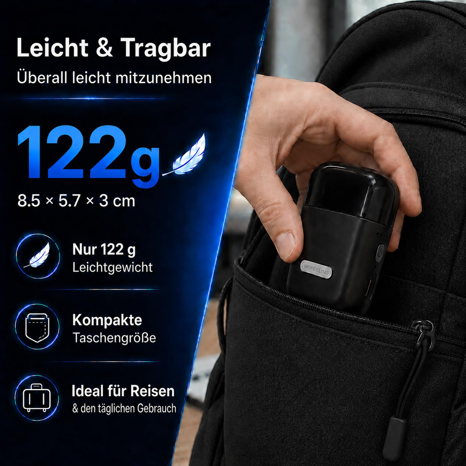 Rasierer Herren Elektrisch Mit 3 Flexiblen Klingen, Elektrorasierer Herren Mit 8,000 RPM & IPX7 Wasserdicht, USB-C Wiederaufladbar Trimmer für Männer, Kabellos Mit Reisesperre