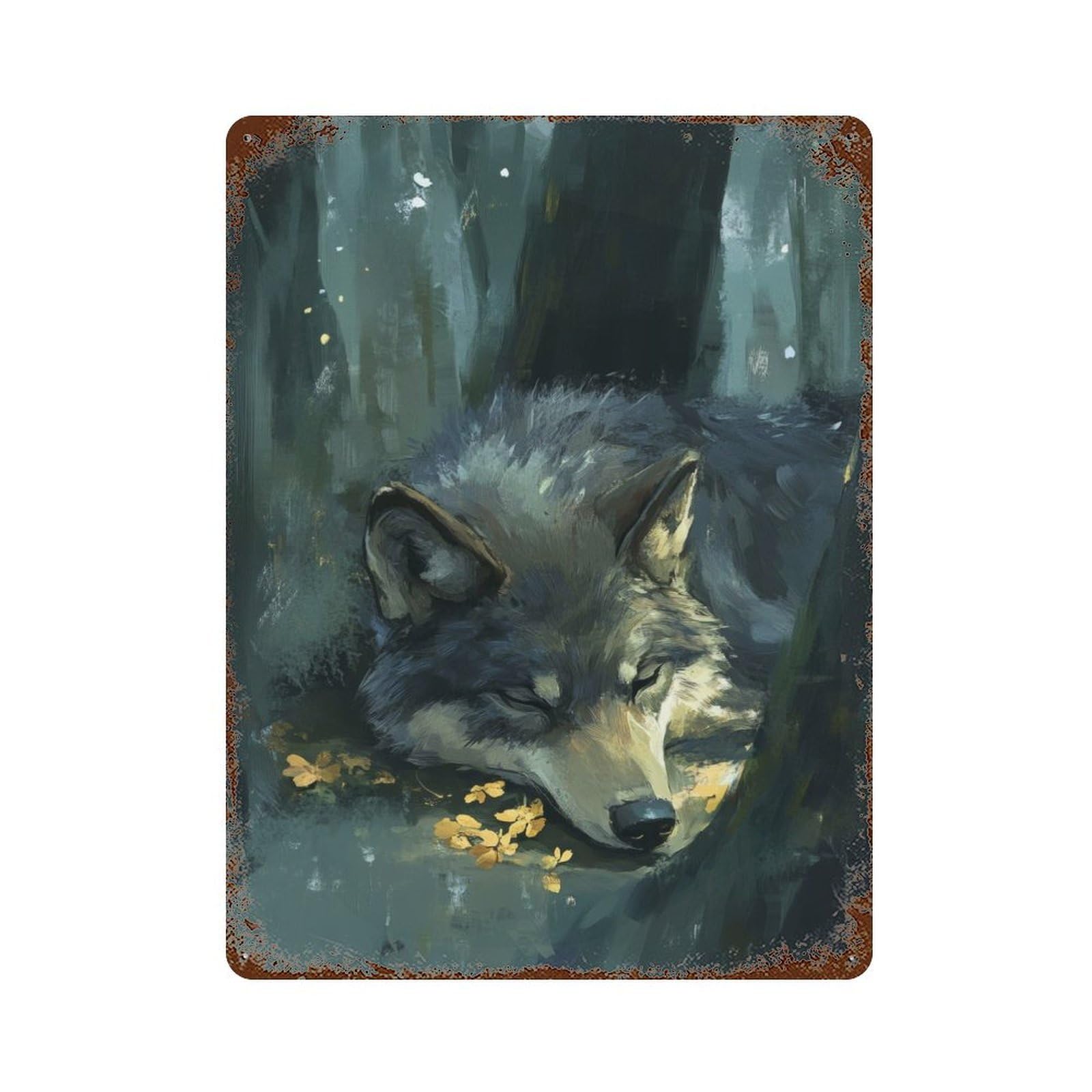 Garage Style Sleeping Wolf in Forest Aged Metal Wall Plaque 15.7"x11.8", Farmhouse Wall Decor for Bar And Workshop