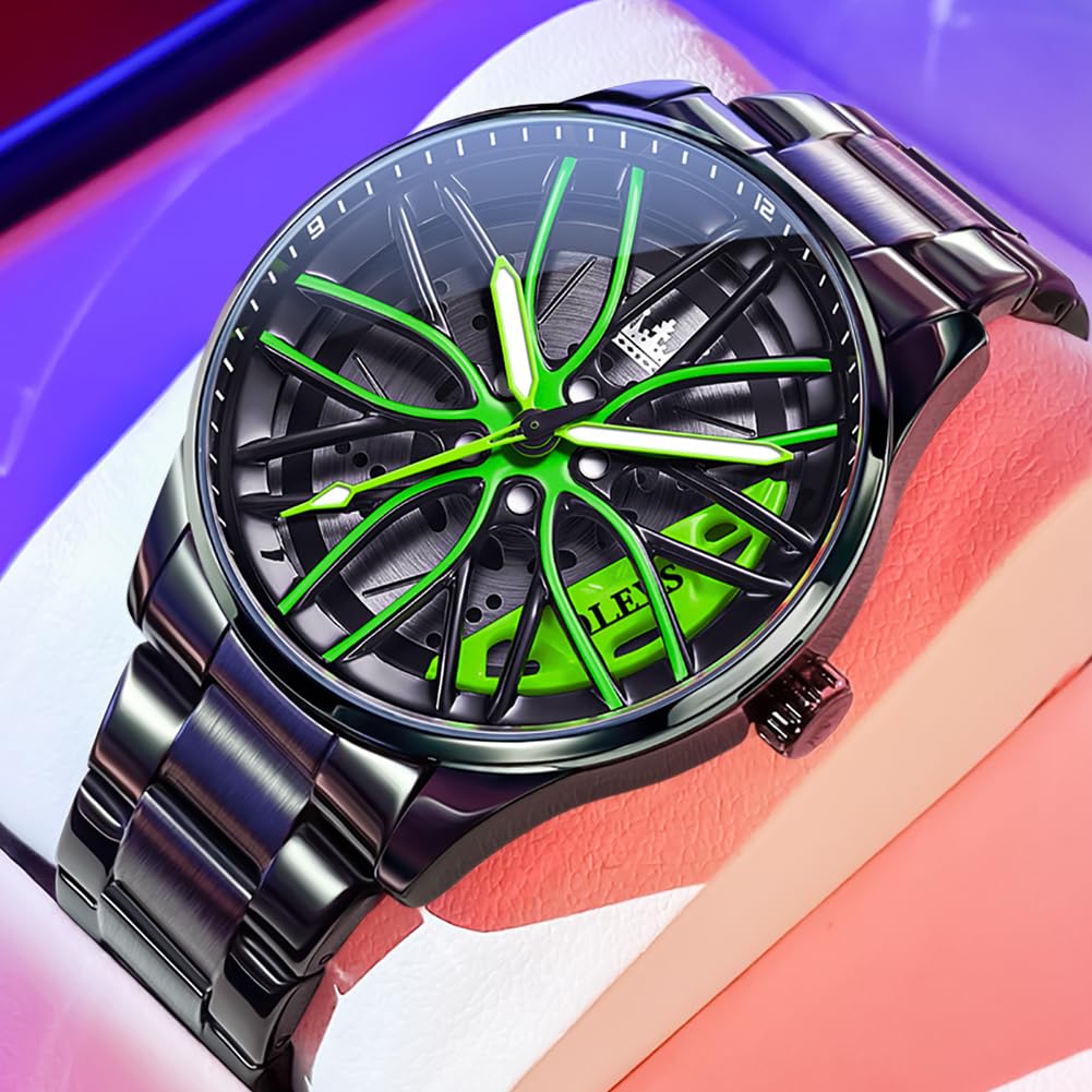 OLEVS Herrenuhren Drehende Auto-Rad Quarzuhren Modischer Sport Edelstahl Herrenarmbanduhr Leuchtend Wasserdicht für Männer