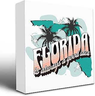 Florida Souvenir Wooden Sign – Retro State Map Decor with Palm Trees, Vintage Tropical Vacation Keepsake, Travel Gifts and Trinkets for Office Desk or Shelf, Coastal Home Decoration, 5x5 Inches, 1.2 Inches Thick.(084)