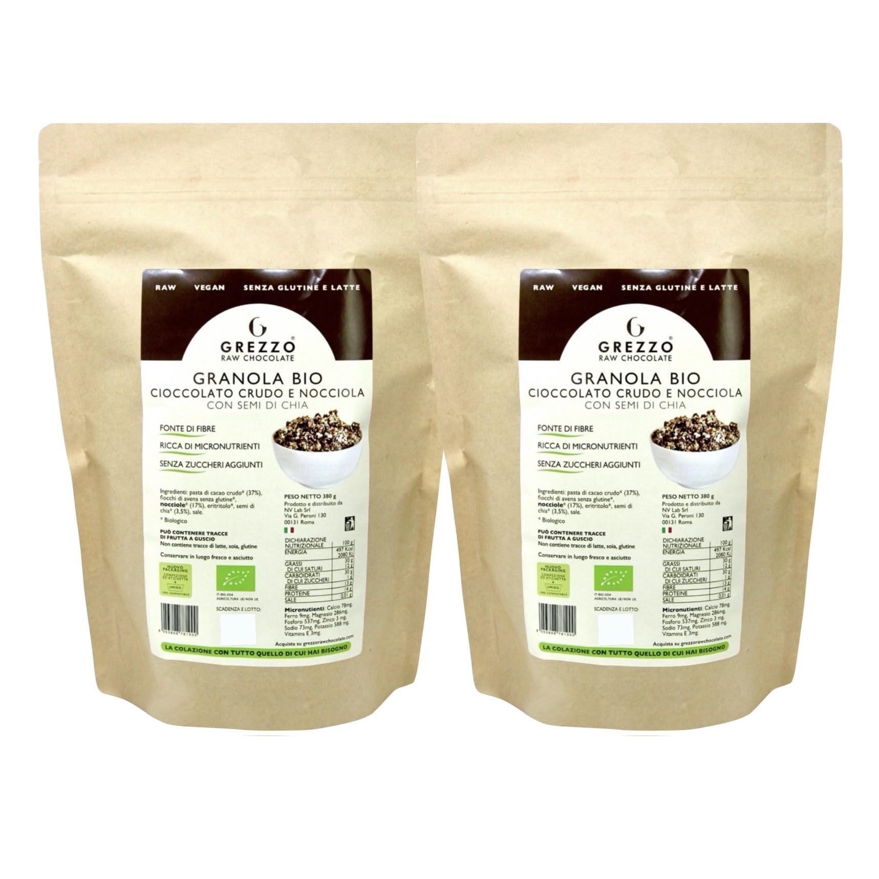 Confezione da 2 GRANOLA BIO CIOCCOLATO CRUDO e NOCCIOLA con SEMI DI CHIA di Grezzo Raw Chocolate, la colazione con tutto quello di cui hai bisogno (380 g x2)