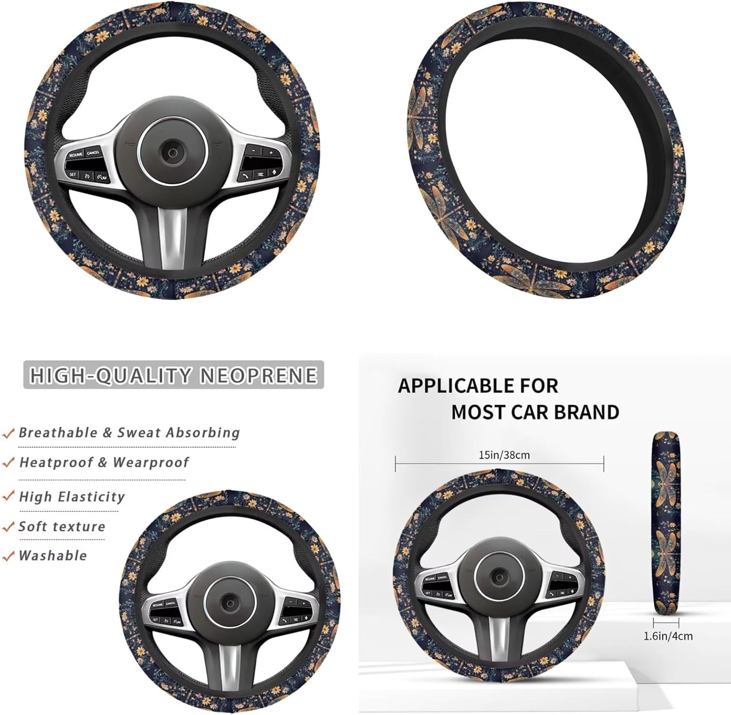 Dragonfly Print Car Steering Wheel Cover Sets for Women Moon Flower Auto Interior Accessories Cup Holder Armrest Pad Seatbelt Cushion Fit Vans Trucks,SUV