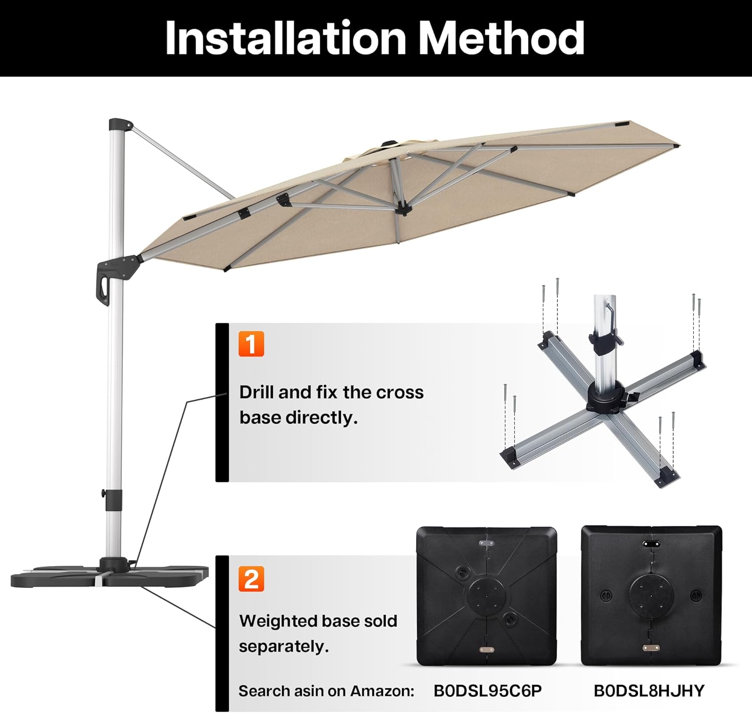paramondo Patio Umbrella, 11FT Outdoor Cantilever Umbrella with 360-degree Rotation for Garden, Deck, Backyard, Pool and Beach, Beige - Image 6