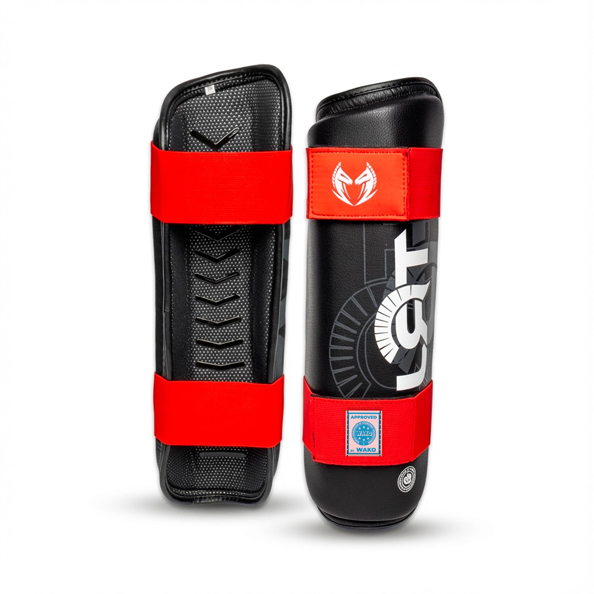 TRJ Fight EcoLine Parastinchi WAKO Approvati, Paratibia Anatomico con Certificazione DPI, Stampa Silicone Antiscivolo, Doppi Strap per Kickboxing e Arti Marziali
