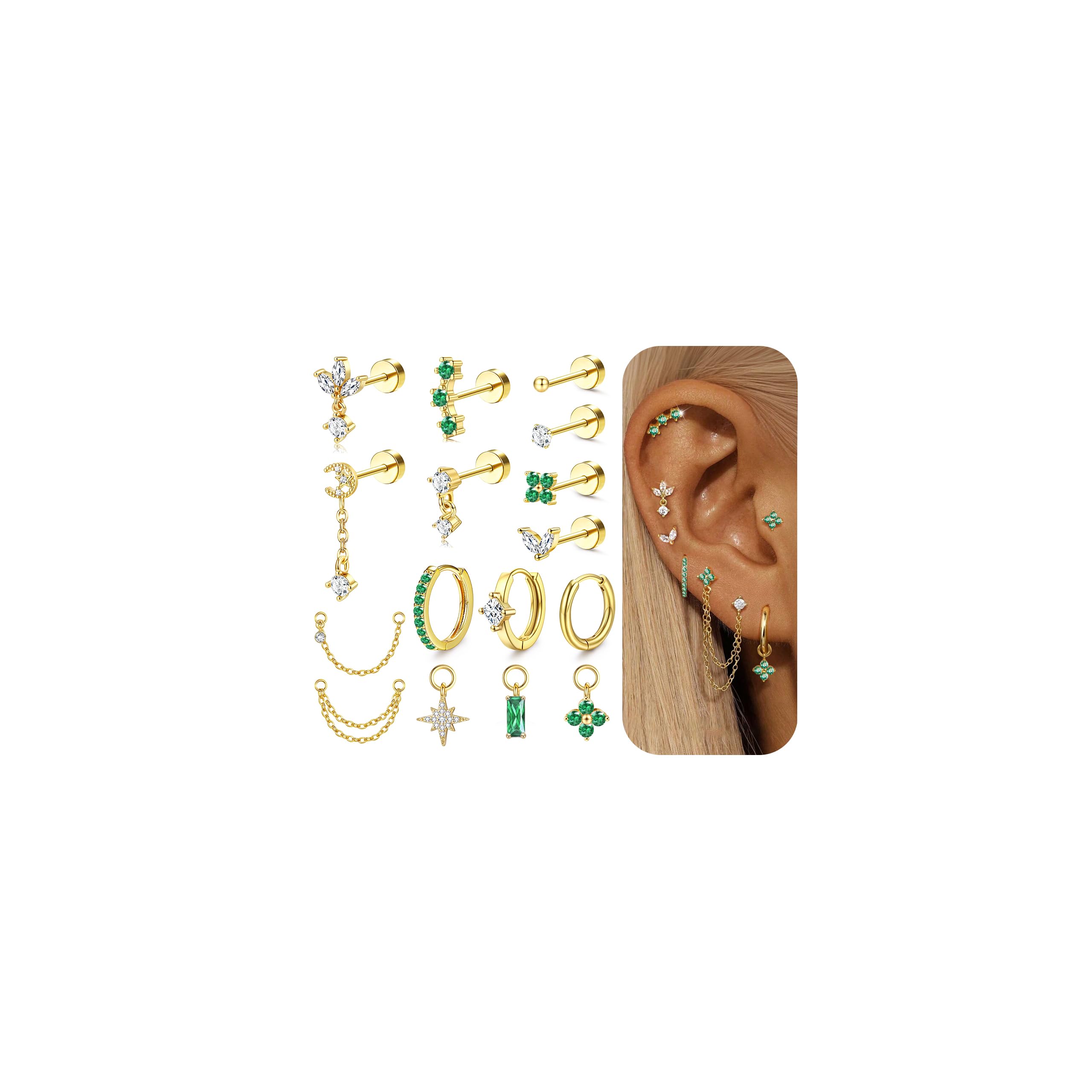 Helix Piercing Jewellery Pendientes de Acero quirúrgico Hipoalergénico Pendiente de Espalda Plana Stud Pendientes de aro Set Conch Piercings Plata Oro Cartílago Daith Tragus Piercing Joyería Única PC