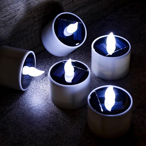 Miniatura 6 de SingTok 6 velas de té alimentadas por energía solar, impermeables, recargables, LED parpadeantes, sin llama, votivas, funciona con pilas para