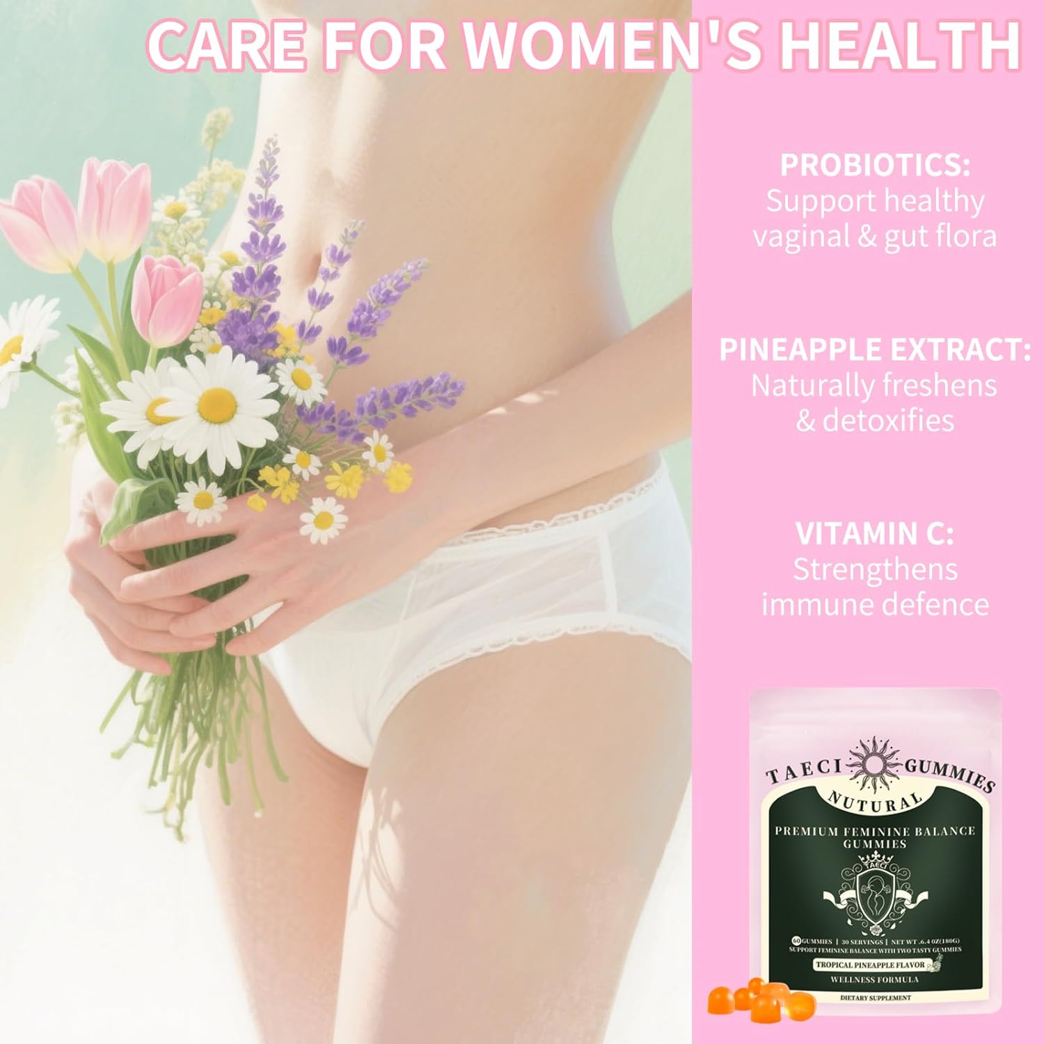 Pineapple Feminine Balance Gummies for Women – Probiotics for pH & Vaginal Health, Supports Odor & Flora Balance with Vitamin C – Vegan, Gluten-Free – 60 Gummies (30-Day Supply) - Image 3