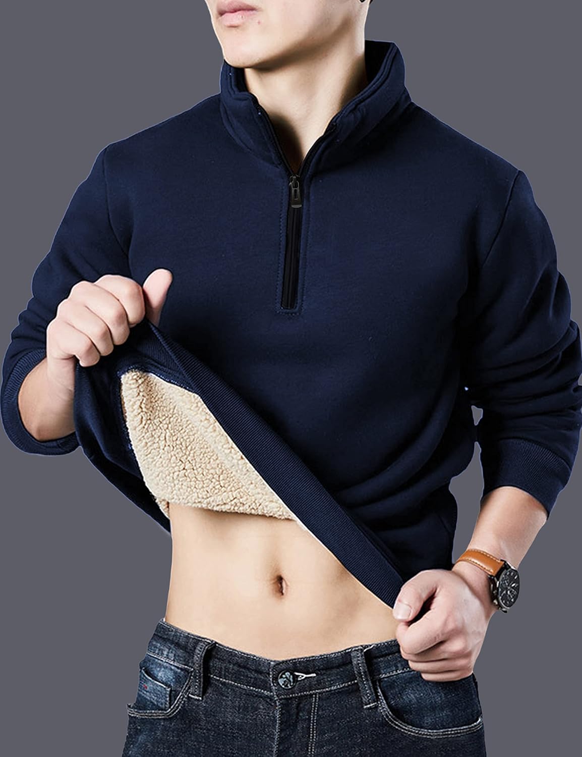 Yeokou Mens Fashion Warm Fleece Crewneck Sweatshirt Thick Sherpa Lined Pullover Tops - Image 5