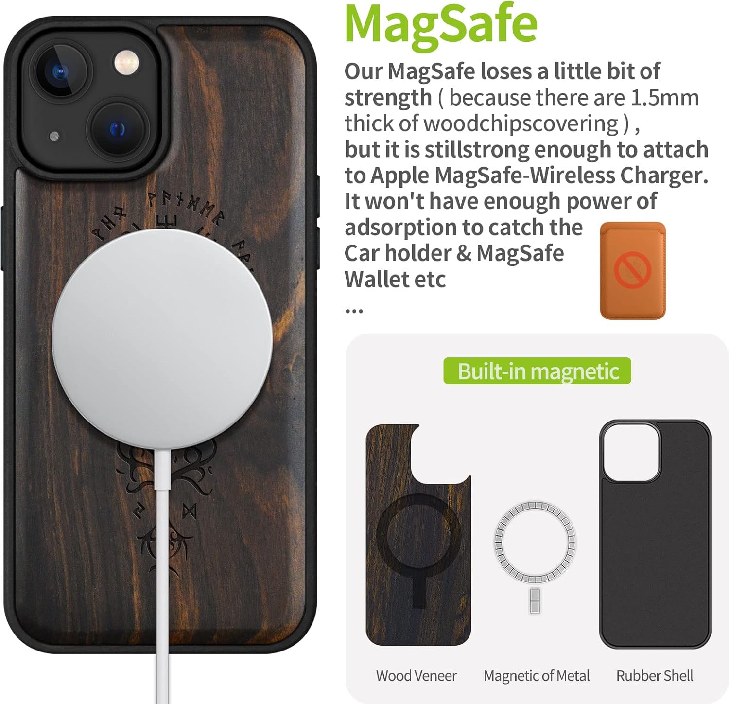 Carveit Magnetic Wood Case for iPhone 14 Case [Natural Wood & Black Soft TPU] Unique & Classy Wooden Shockproof Protective Cover Compatible with magsafe (Viking -Blackwood)