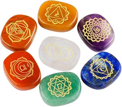 rockcloud 7 Chakra Stones Polished Engraved Healing Crystal Pocket Stone | 7PCS Palm Stone for Reiki Balancing, Crystal Grids, 0.98 inch, Meditation Kits, Crystal Collection, Home Desk Decoration