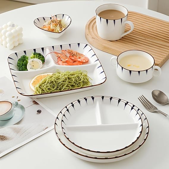 Divided Plate Round Porcelain, 8 Inch Portion Control Plates for Adults Ceramic, Healthy Eating Section Plate for Dessert Salad Steak Sushi Spaghetti
