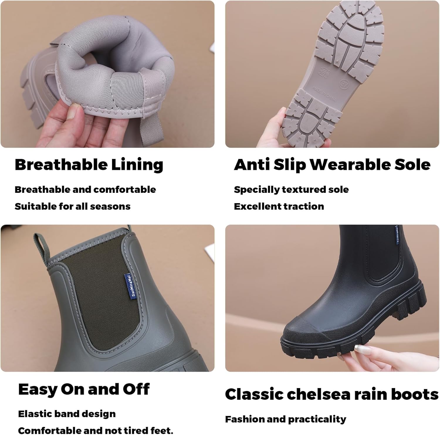 Womens Rain Boots, Waterproof Chelsea Rubber Rainboots Fashion Short Ankle Garden Shoes for Ladies, Non Slip Lightweight Outdoor Work Booties with Comfort Lining