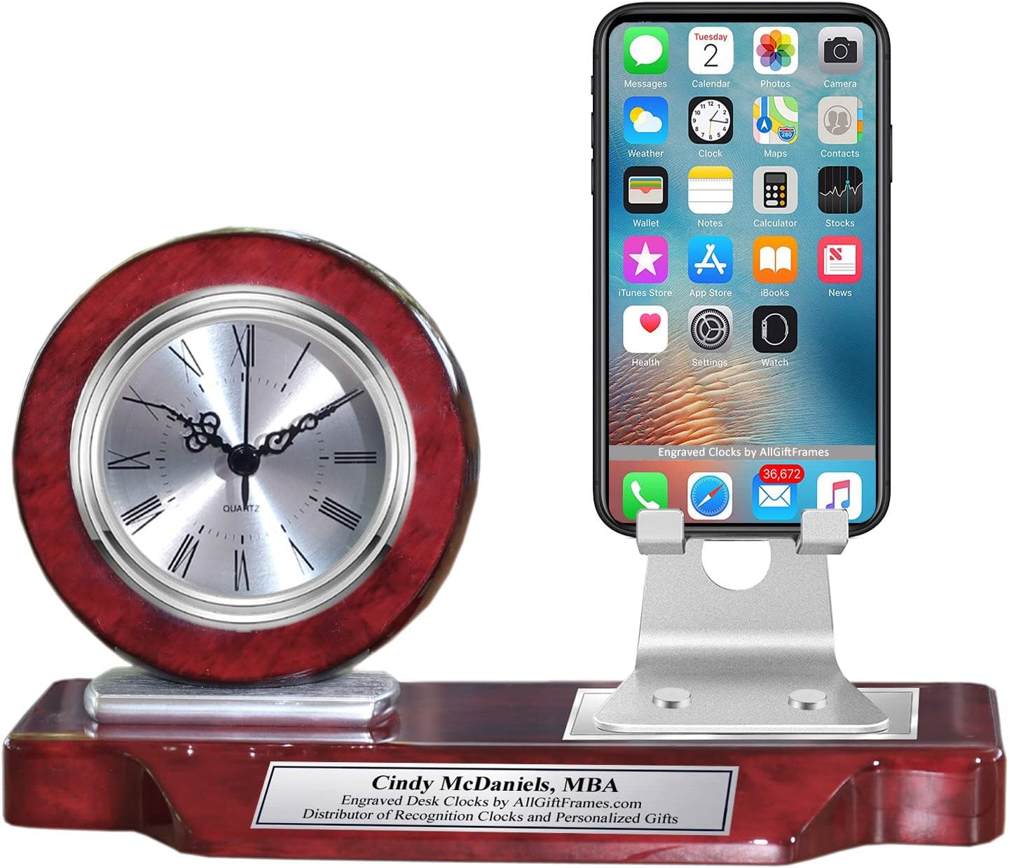 Engraved Nameplate Desk Clock Phone Holder Silver Office Gift Phone Stand