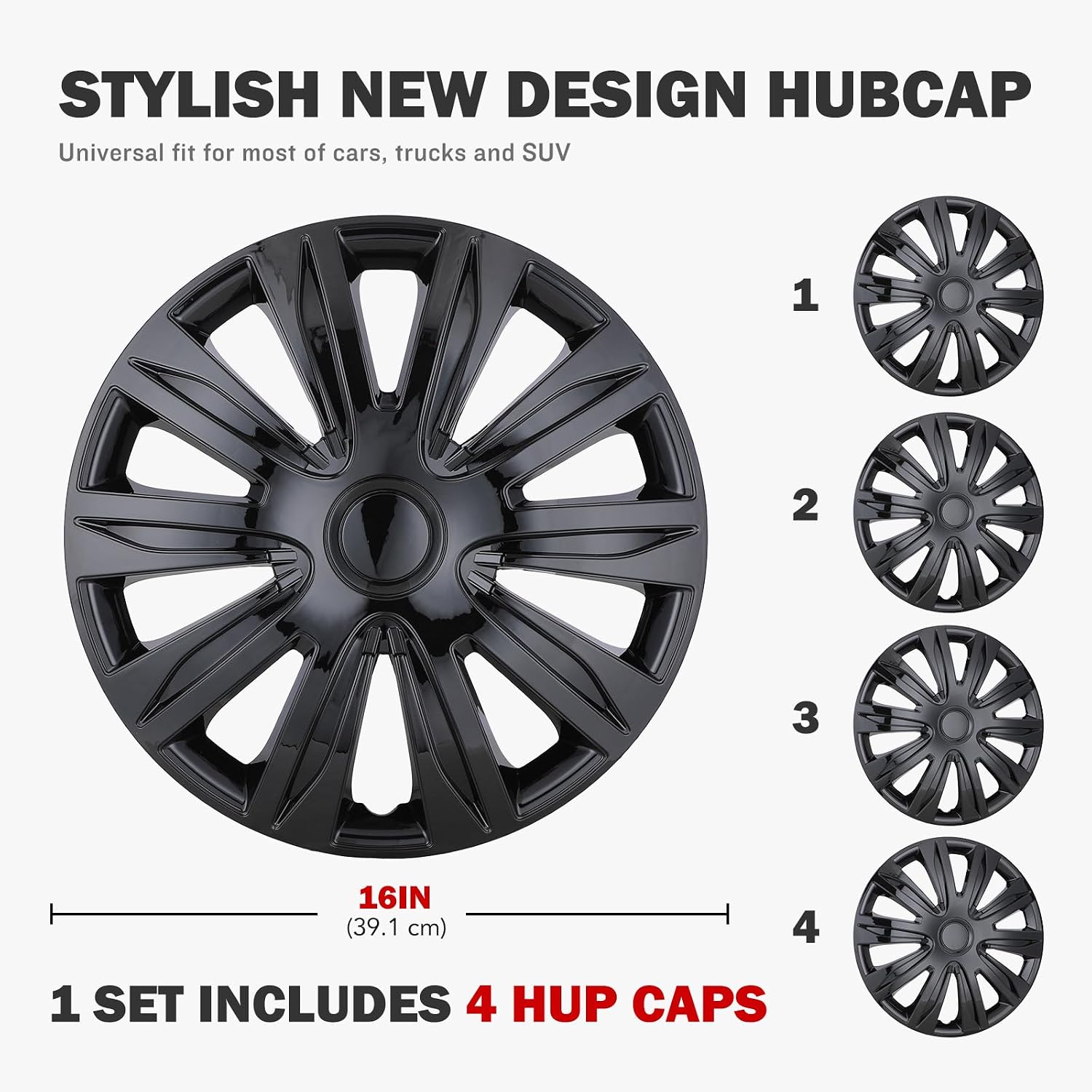 Auto Hubcap Set, R16 Hubcap Wheel Cover Replacement, 16 inch Snap On Wheel Cover Kit, Universal Wheel Rim Cover Fits Most of Car Truck SUV Black Lacquer Color