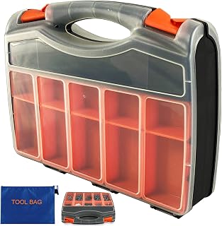2-Sided Tool Box Hardware Storage Container,Plastic Organizer With 25pcs Small Removable Dividers&Grids,Portable Crafts Case For Tool Parts,Screws,Nuts Bins,Game Token, Size of 14.6"L x 11.8"W x 3.2"H