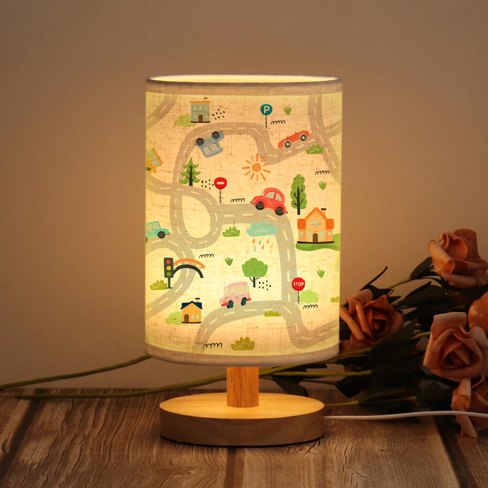 WSYEAR Transportation Kids Table Lamp for Bedroom Kids Bedside Lamp with Linen Wooden Nightstand Cartoon Nursery Lampshade for Girls Boys Living Room โ image 1
