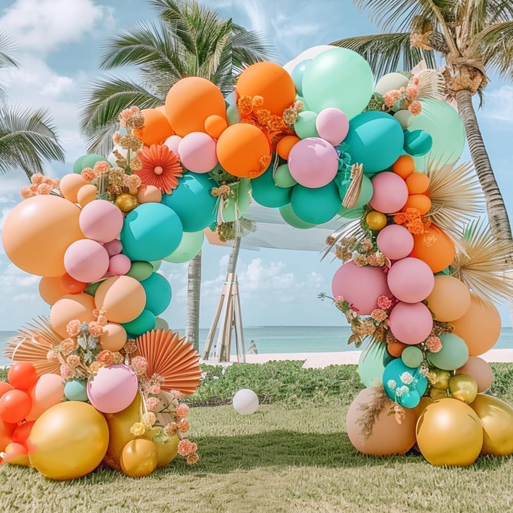 Pinbra Pastel Balloons Garland Kit Coral Pink Teal Blue Balloons Double Stuffed Light Green Orange Gold Metallic Latex Arch for Tropical Hawaii Luau Birthday Baby Shower Easter Party Decorations