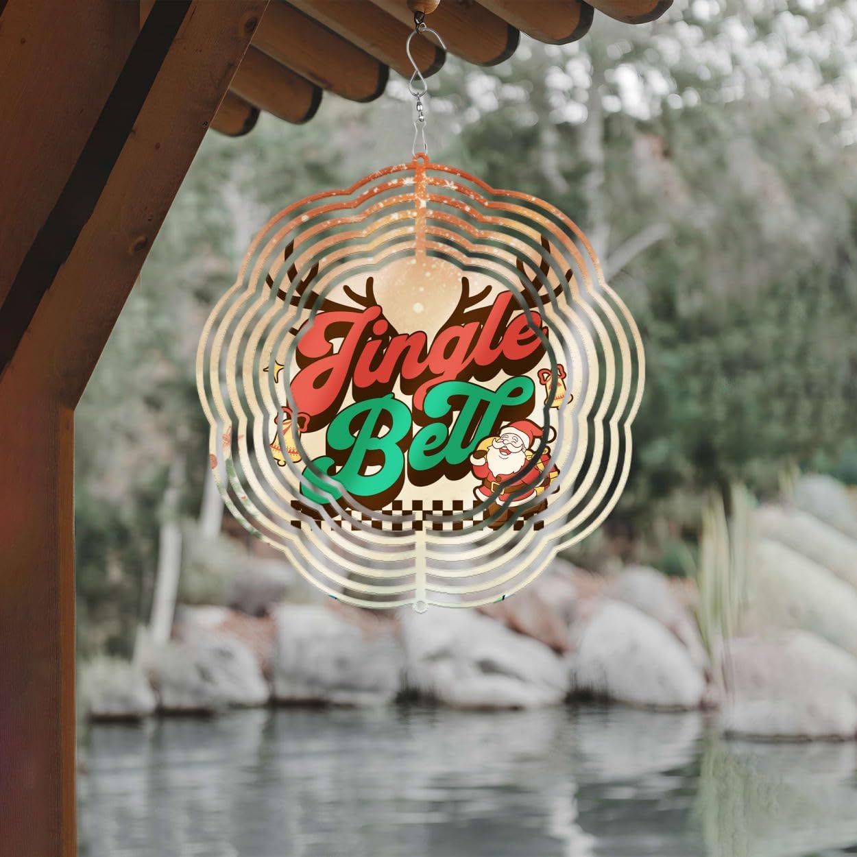 Jingle Bell Santa Claus Christmas Wind Spinners 3D Stainless Steel Laser Cut Metal Double Sided Printing-Hanging Indoor/Outdoor Decorations Yard Gardening Decor,Metal Kinetic Art 16x16 inches