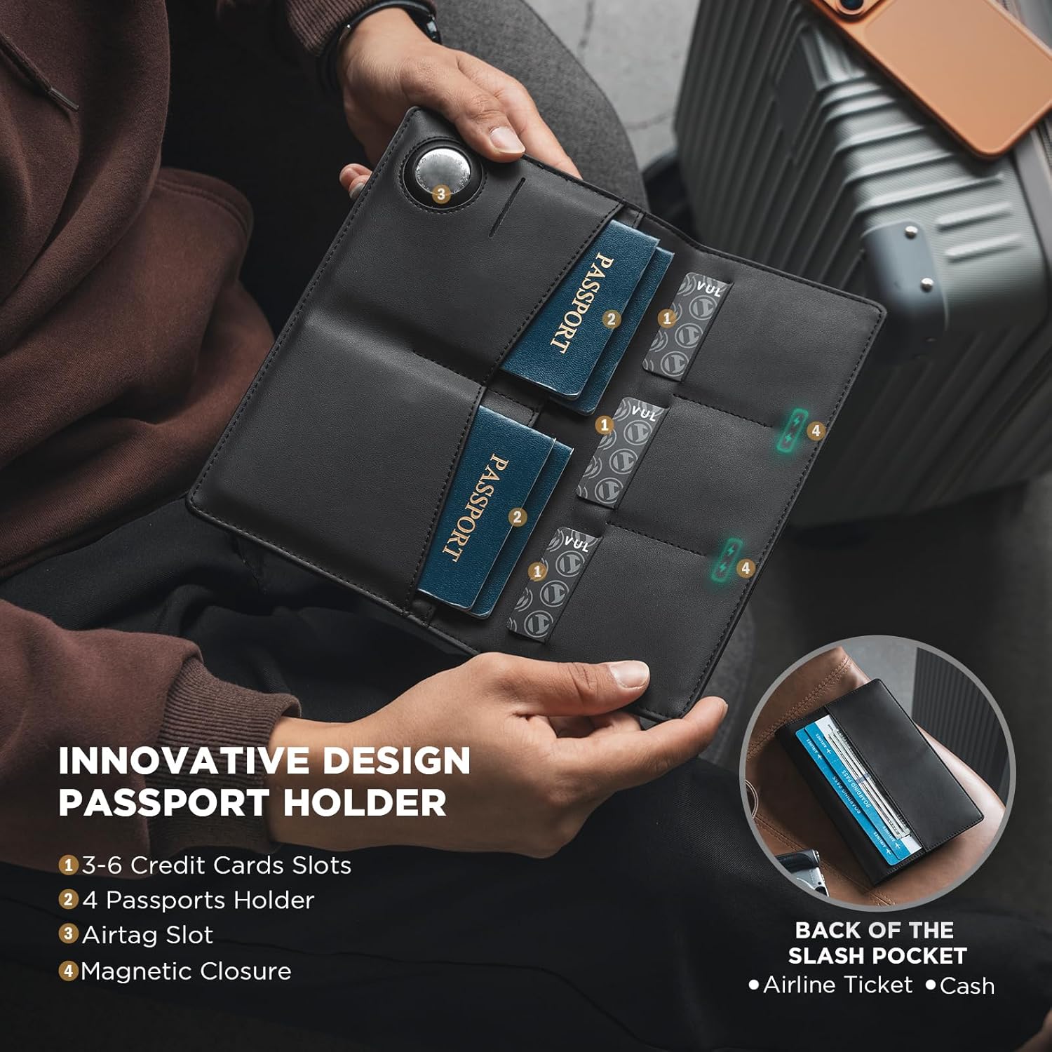 VULKIT Family Passport Holder for 4 Leather Passport Wallet with Airtag Slot Multiple Passport Holder RFID Blocking Bifold Travel Documents Organizer - Image 2