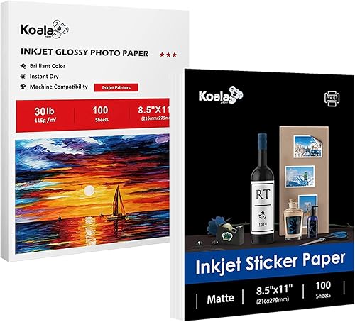 Koala Inkjet - Papel brillante y adhesivo mate para impresoras de inyección de tinta, paquete de paquete