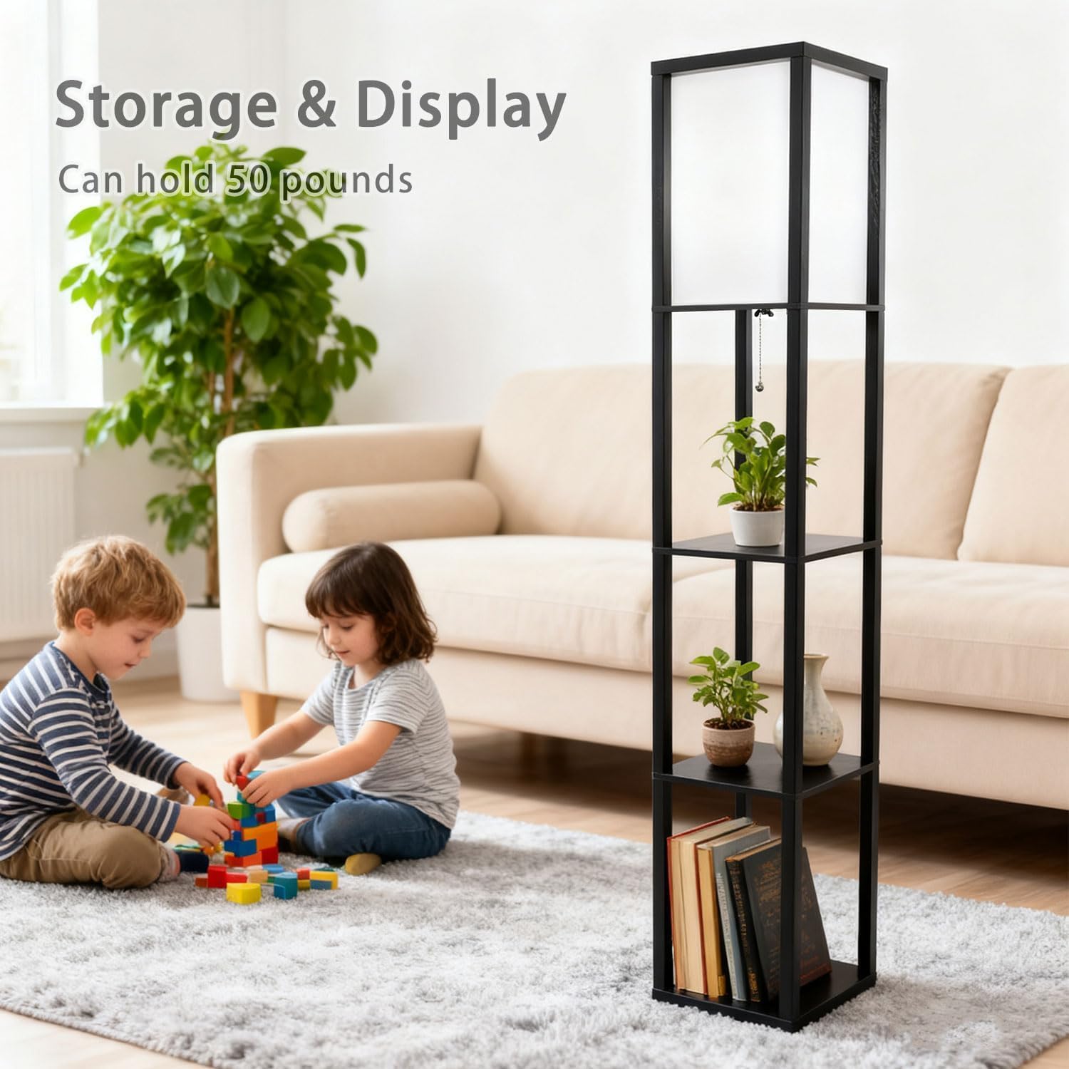 مصباح أرضي مع رفوف خشبية 3 طبقات، LED بثلاث درجات...