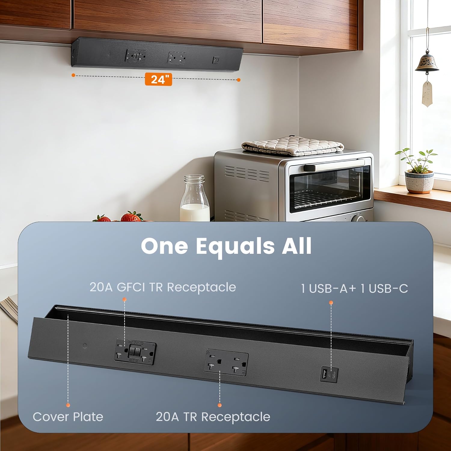 SURAIELEC 2-Pack 24 in Under Cabinet Hardwired Power Strip, Seamless Under Cabinet Outlet, 2500W, 20A GFCI + 20A TR Outlet with USB-A & USB-C, Modular No-Cut Extension System, Black, ETL Listed