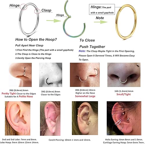 Miniatura 5 de Juego de 5 aretes para nariz calibre 20G, 18G y 16G, de acero quirúrgico 316 L, piercing para trago, tabique y cartílago, para mujeres y hombres