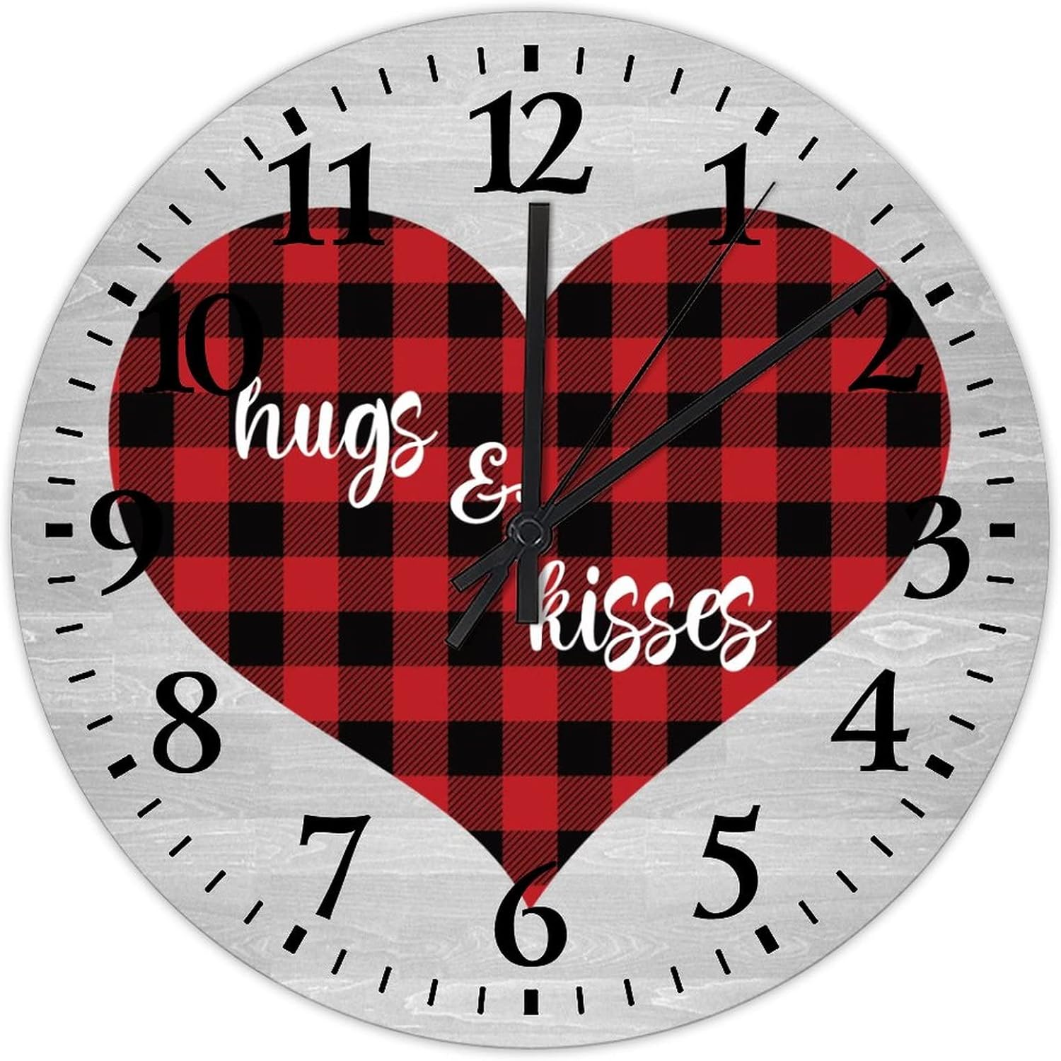 Wooden Clocks Valentine's Day Hugs and Kisses Office Clock Quartz Analog Quiet Arabic Numeral Buffalo Plaid Romantic Quote for Valentines Day Round Clock for Kitchen Dining Room 15 Inch