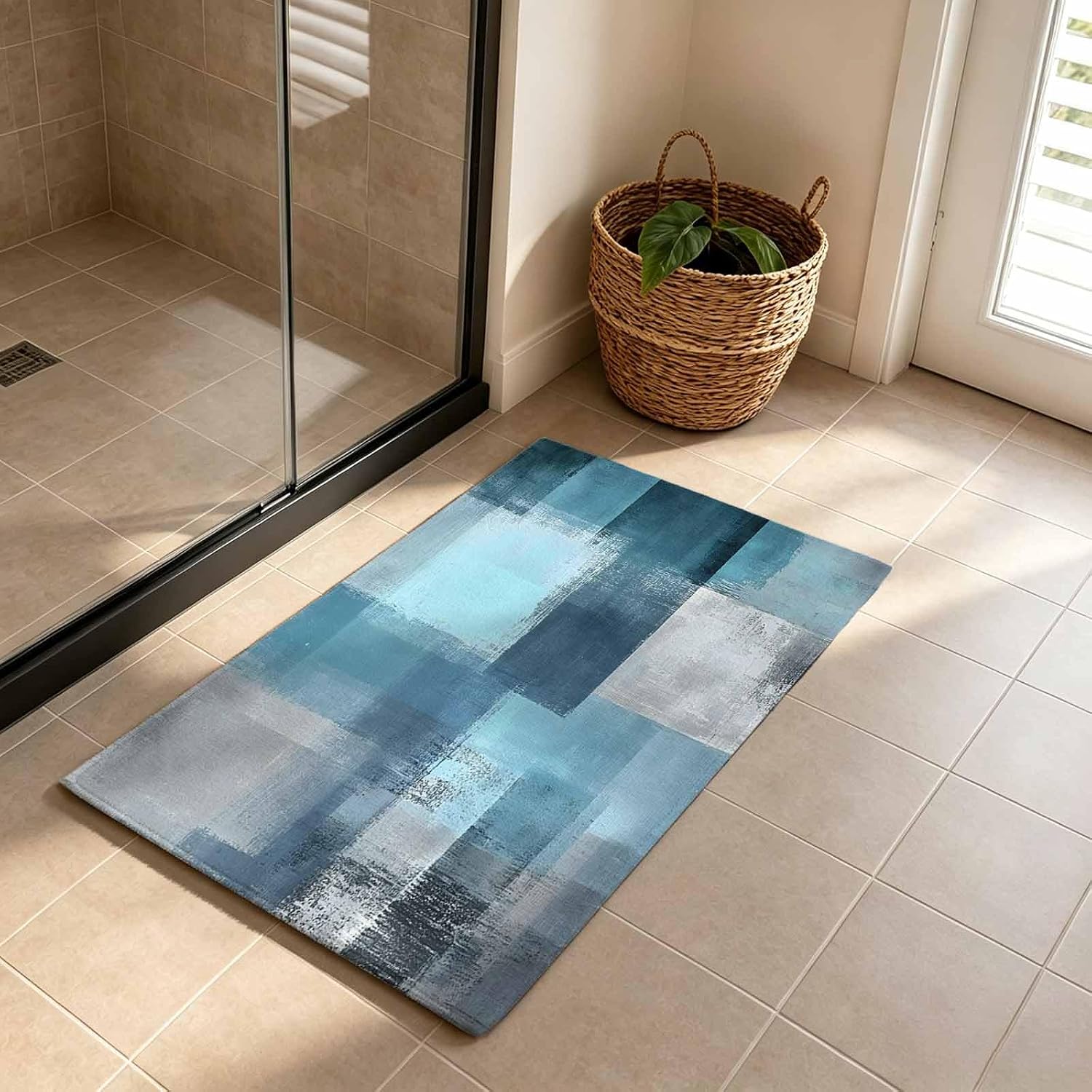 Front Door Mat, Teal Blue Indoor Door Mats for Entryway TPR Backing Non Slip Mats, Modern Oil Painting Abstract Ombre Geometric Absorbent Kitchen Floor Mat, Washable Entryway Rugs 20x32 Inch