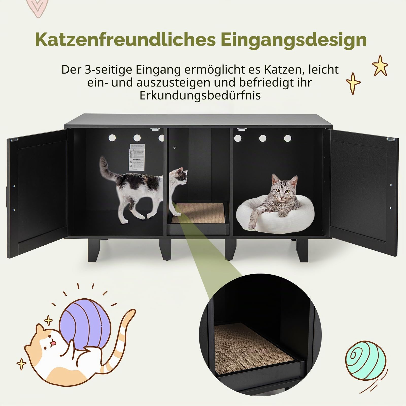 GYMAX Katzenklo Schrank für 2 Katzen, Katzenschrank für Katzentoilette mit 2 Türen, verdecktem Eingang & Kratzbrett, XXL Katzenhaus für große Katzen, Katzenklo Möbel, 120 x 52 x 65 cm (Schwarz)