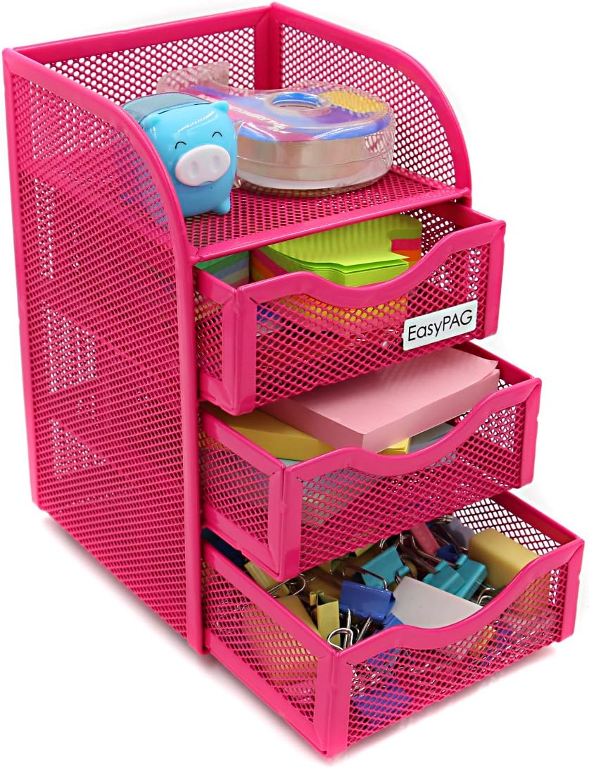 EasyPAG Mesh Desk Accessorie Organizer 3 Drawer Office Supplies Caddy, Pink