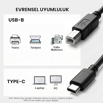Type-C to USB-B Yazıcı Tarayıcı Printer Kablosu (3 METRE) - PC ve Laptop ile Yazıcı Ara Bağlantı Data Kablosu - USB 2.0 Hızlı ve Stabil Yazdırma - Kolay Kullanım - USB-C Printer Kablosu