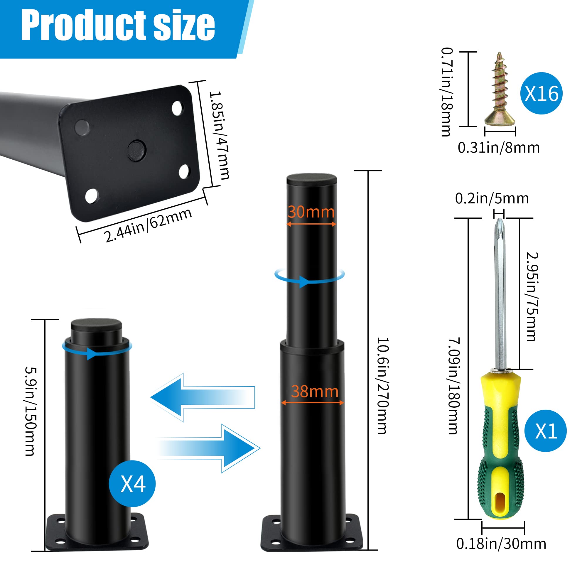 Rialzo Per Mobili Lyrlody | 4 Pezzi | Altezza 3 Pollici | Nero | Solleva Letti E Divani - Foto 13