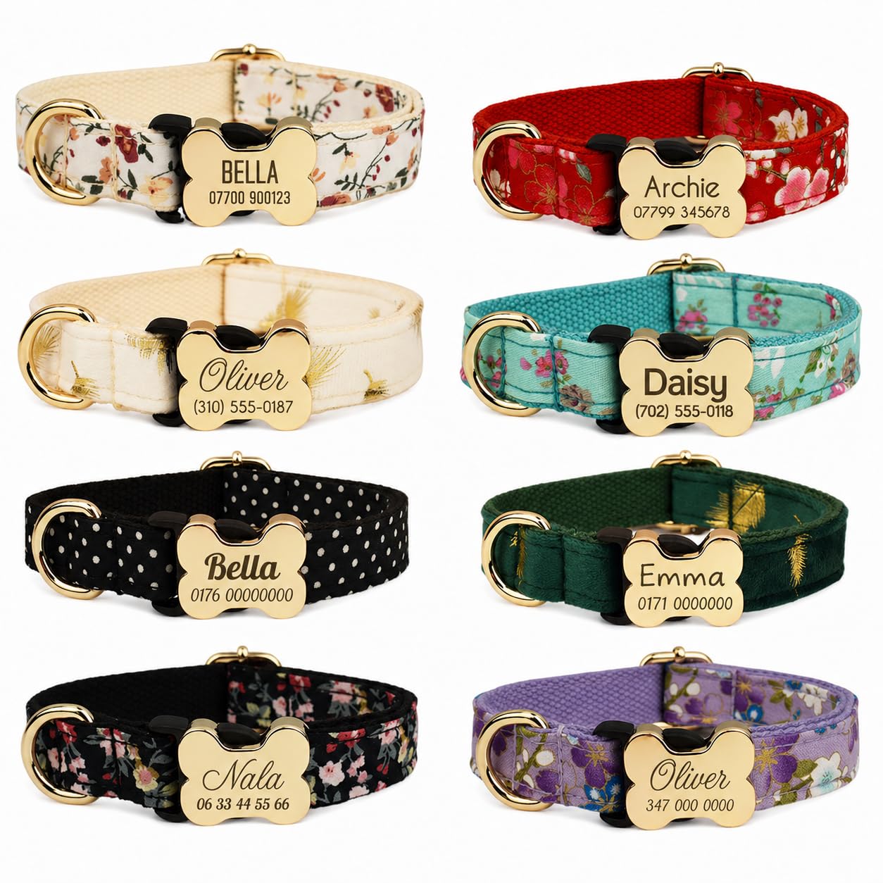 Kiyanest Personalised Dog Collar with Engraved Bone Buckle, Adjustable Printed Pet Collar, Custom Name and Phone Number, Collar or Set Options