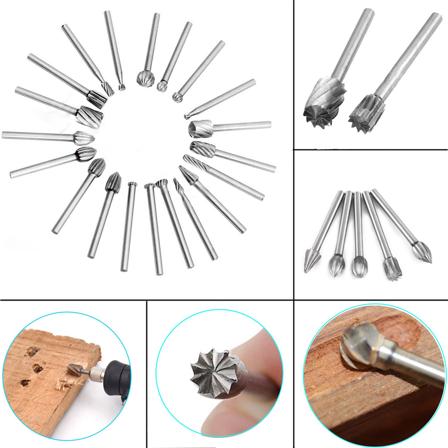 Bestgle 20-Piece 3mm (1/8”) Shank HSS Rotary Cutting Burrs Set – Router Bits For Woodworking, Carving, Engraving, And DIY Crafts, 20 Different Shapes