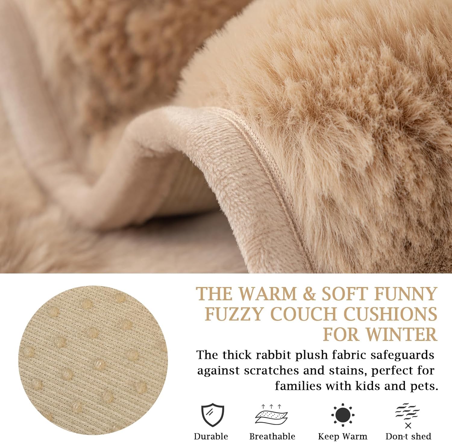 Thick Rabbit Plush Sofa Cushion, 2024 New Non-Slip Sofa Seat Cushion Cover, Universal 1 2 3 Seater Funny Fuzzy Couch Cover, Furniture Protector Fluffy Slipcovers for Living Room (Khaki, 90*180cm)