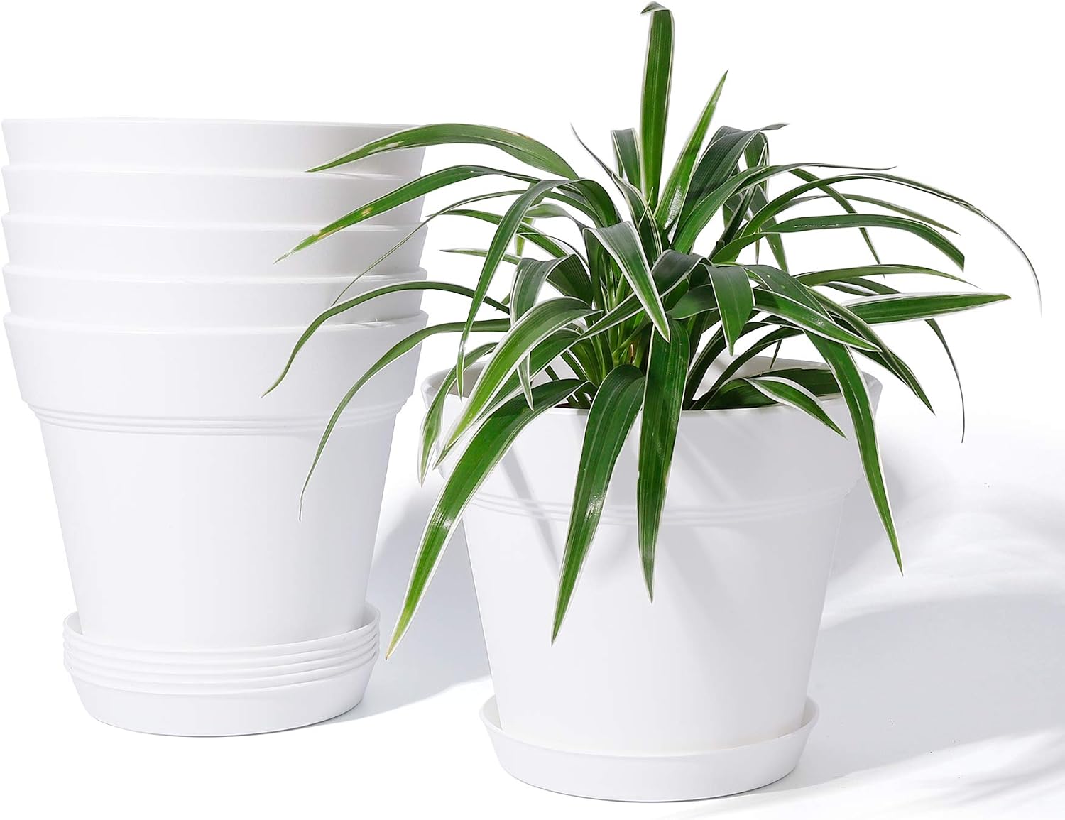 POTEY Indoor Plant Pots 6 Inch Plastic Nursery Pot with Drainage Holes and Trays for All House Plants - 004, White, Set of 6