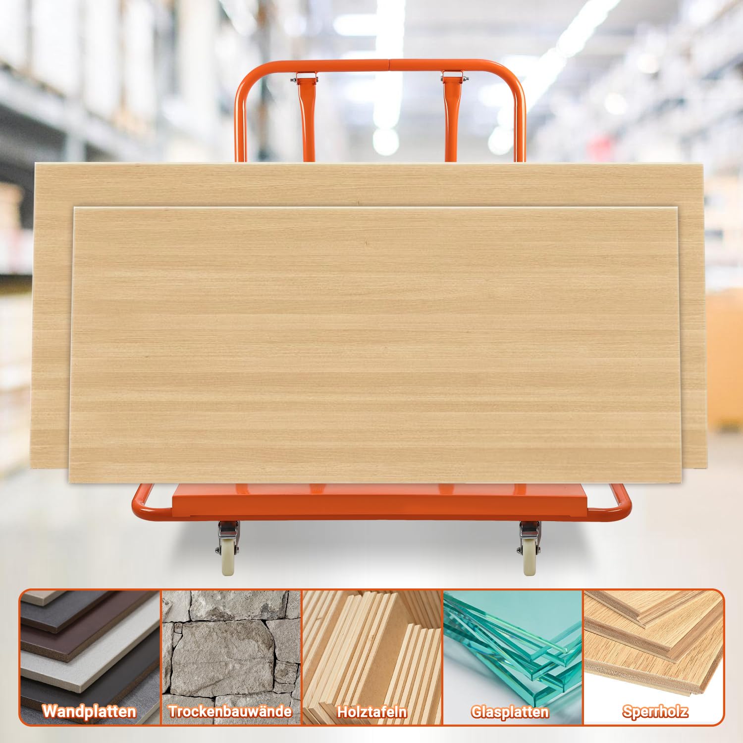 Carrello a pannello fino a 1000 kg, 115 x 56 x 119 cm, con spina, supporto per il trasporto, in acciaio Q235, arancione