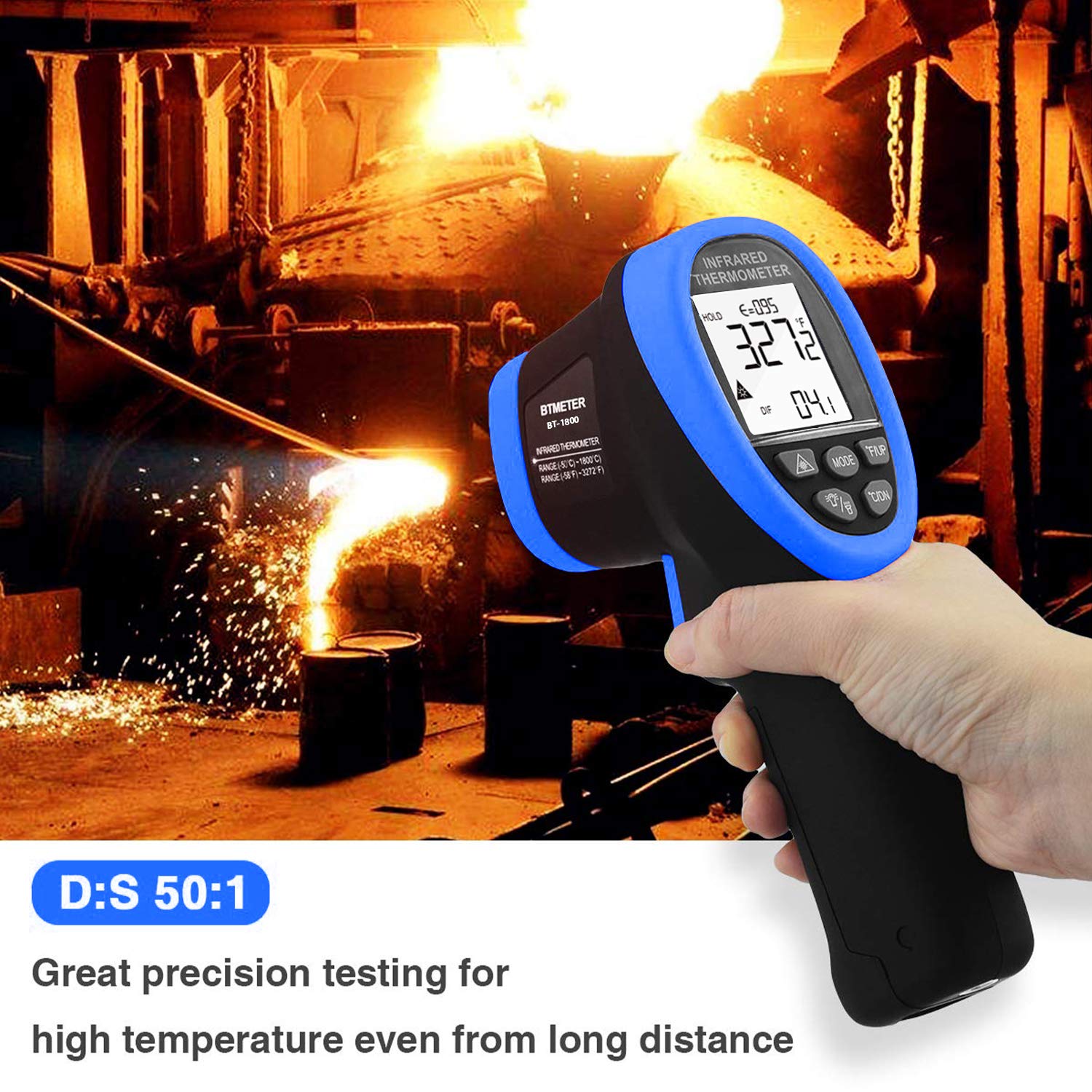 BTMETER BT-1800 Berührungsloses Pyrometer Hochtemperatur-Infrarot-Thermometerpistole -58~3272 °F (-50~1800 ℃) DS 50: 1 für Metallschmelzofen Forge Ofen Tempe Tester (NICHT für menschliche Temp)