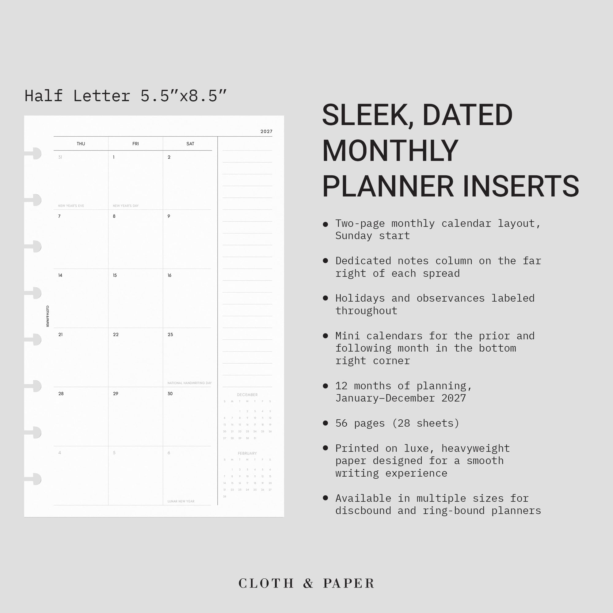Cloth & Paper Planificateur mensuel daté 2027 - Début du dimanche - Recharges de planificateur demi-lettre avec pages de calendrier mensuel, objectifs, priorités, dates importantes, notes, jours