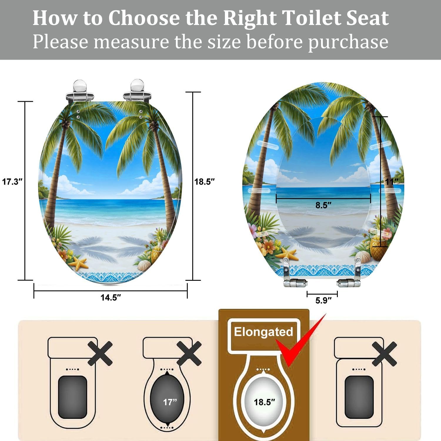 Elongated Toilet Seat Tropical beach palm trees sea Resin Toilet Seat Quietly Close Quick Release Hinges with Cover Bumpers Decorative Easy to Install Clean