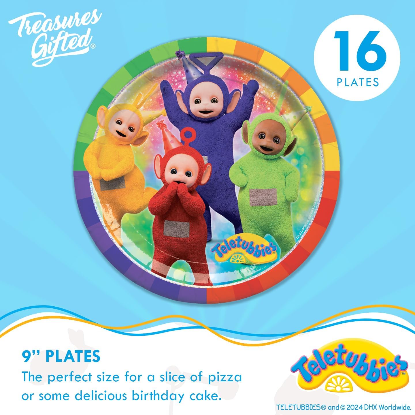 Treasures Gifted Officially Licensed Teletubbies Birthday Party Decorations - Serves 16 Guests - Dinnerware Deluxe Set Teletubbies Party Supplies - Plates, Napkins, Cups & Tablecloth Set