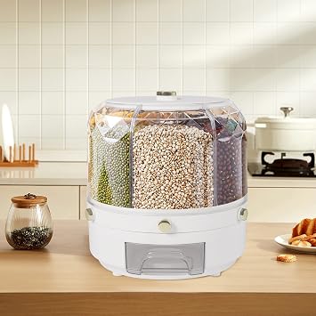 Grain Dispenser, 13.2 lb Rotating Rice Dispenser Storage Container, 6-Compartment Dry Food Dispenser with Measuring Cup, Food Storage Containers for Kitchen Small Grains, Rice, Beans White