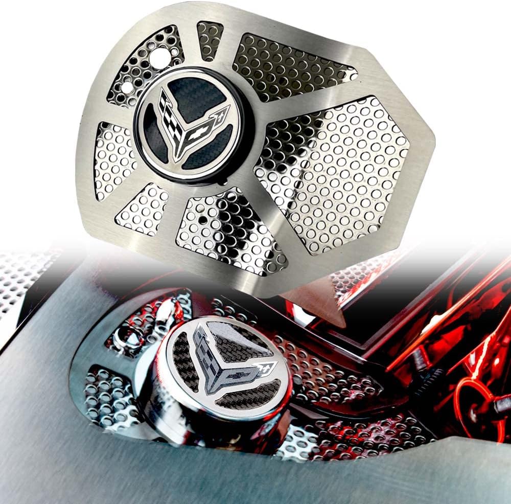 C8 Corvette Shock Tower Cover Inserts, Carbon Fiber with C8 Emblem (2020–2024)
