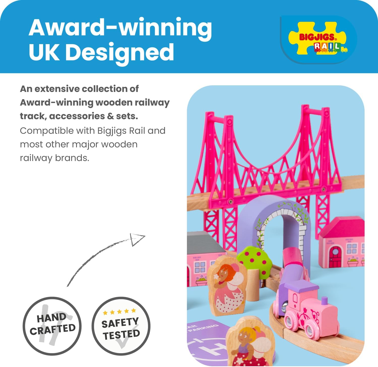 Bigjigs Rail Fairy Town Wooden Train Set | Railway Toy for Kids Age 3+ | Wood Track with Model Fairytale Village | Comes with Pink Wood Accessories & Figures | Educational Gift for Girls and Boys - Image 3